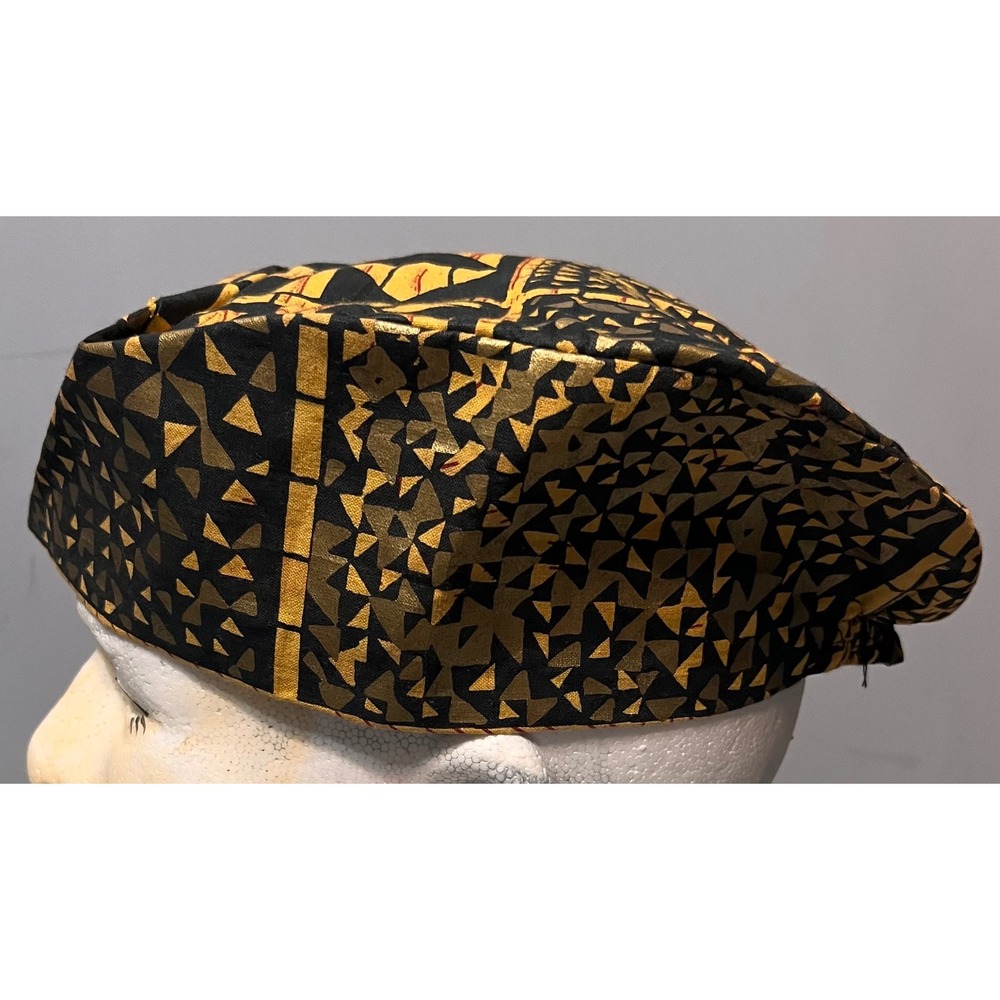 Handcrafted Kufi Hat Black Gold Metallic Geometric Triangle African Fila Cap